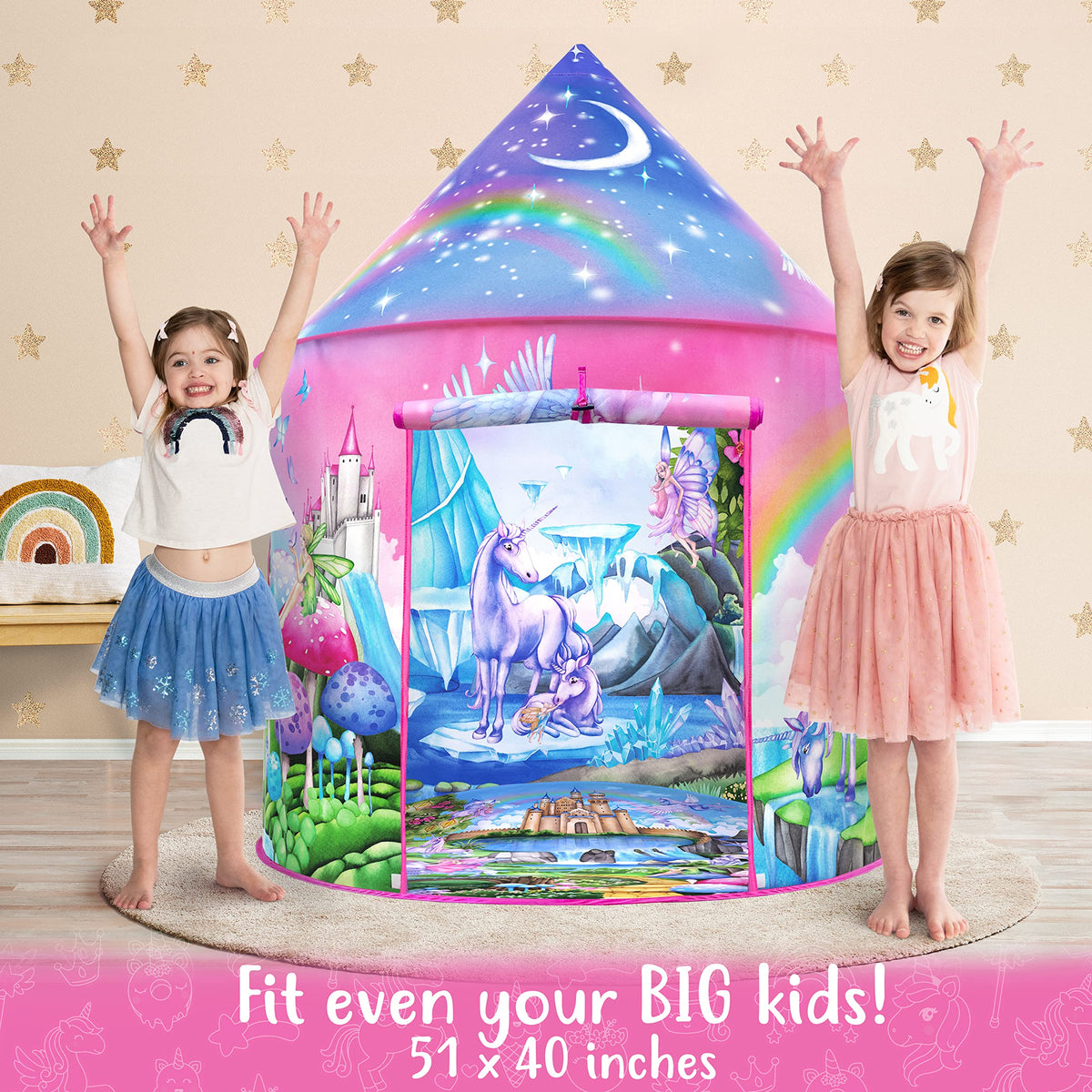 W&O Unicorn Sparkle Play Tent folded compactly for easy transport