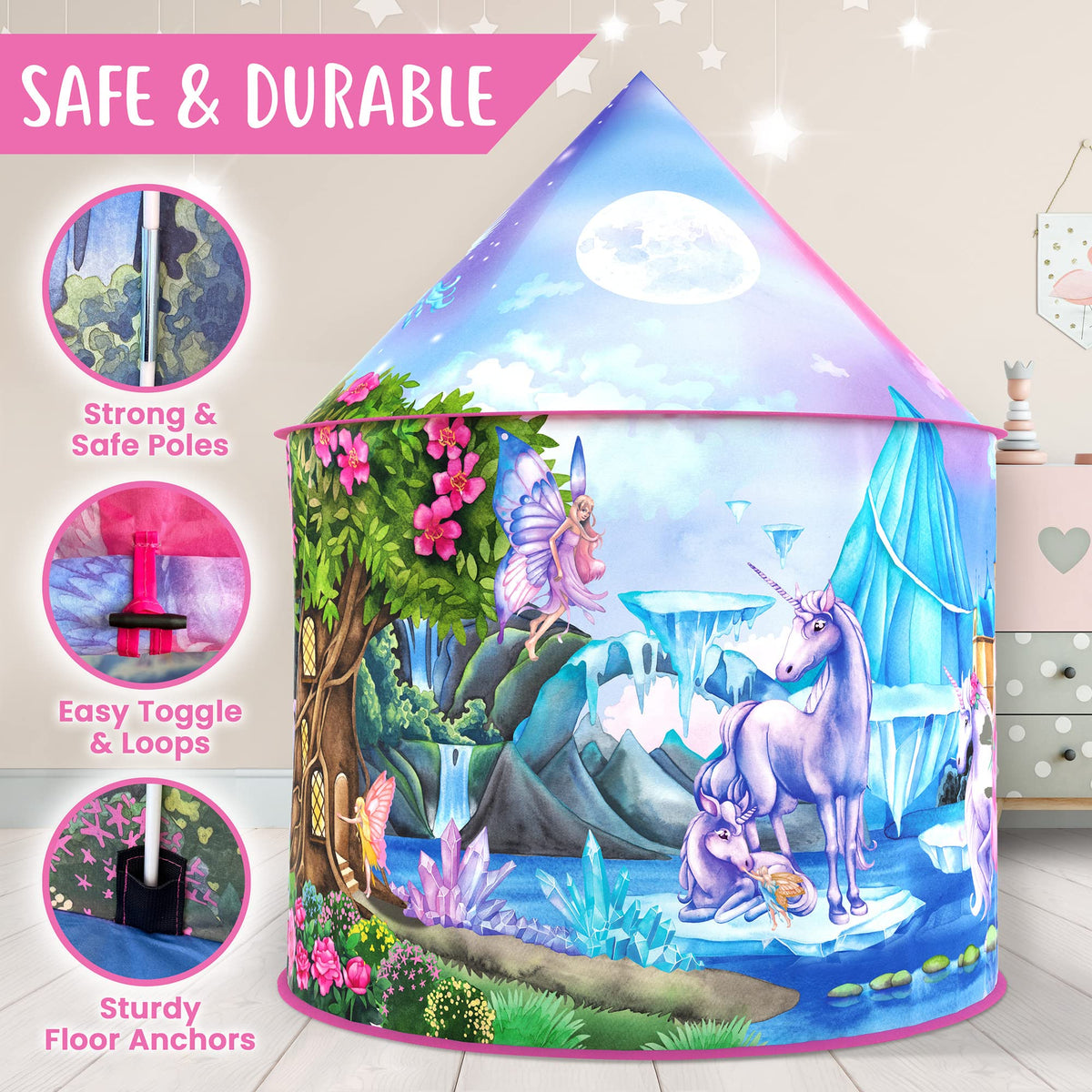 W&O Unicorn Sparkle Play Tent durable reinforced fabric for lasting use