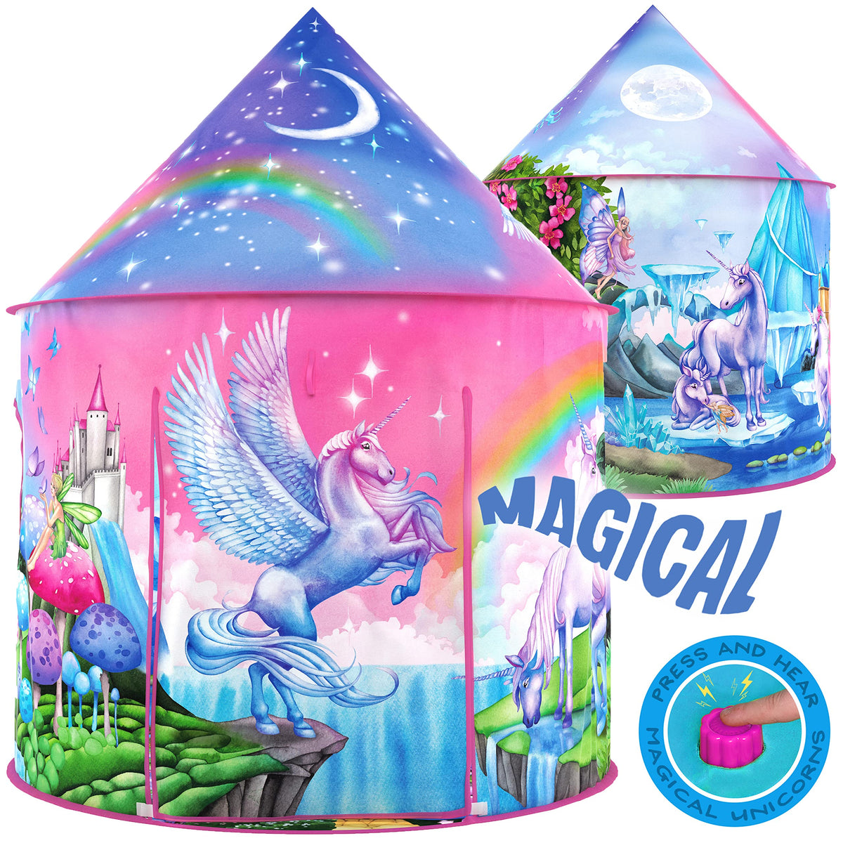 W&O Unicorn Sparkle Play Tent: unicorn-button close-up with magical sounds for imaginative play