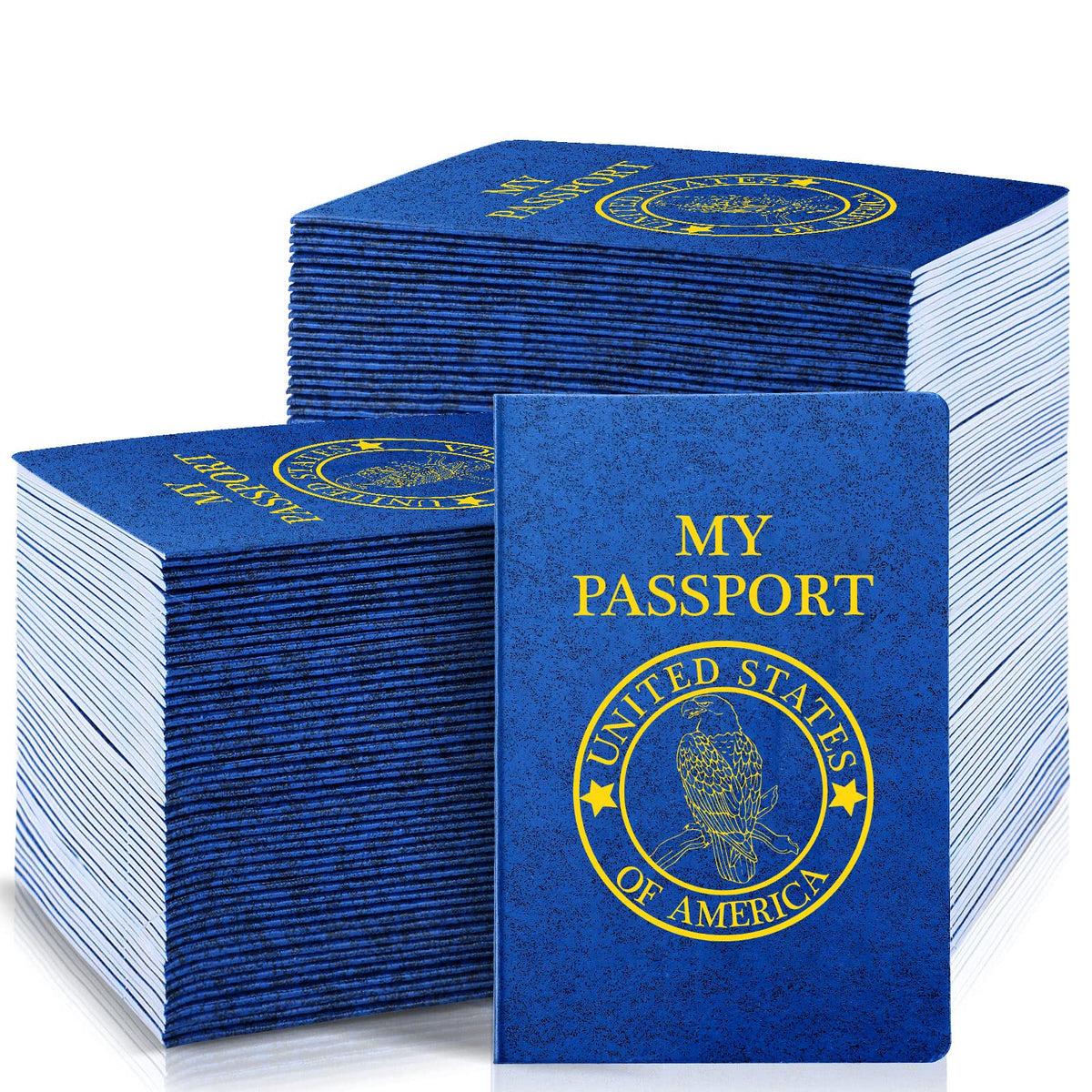 Woanger 50-pack blank passports for kids with blue cover, ideal for classroom crafts and party activities.
