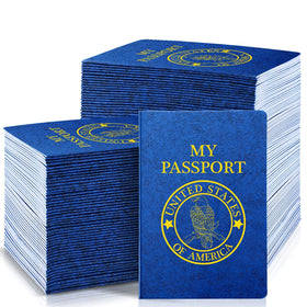 Woanger 50-pack blank passports for kids with blue cover, ideal for classroom crafts and party activities.