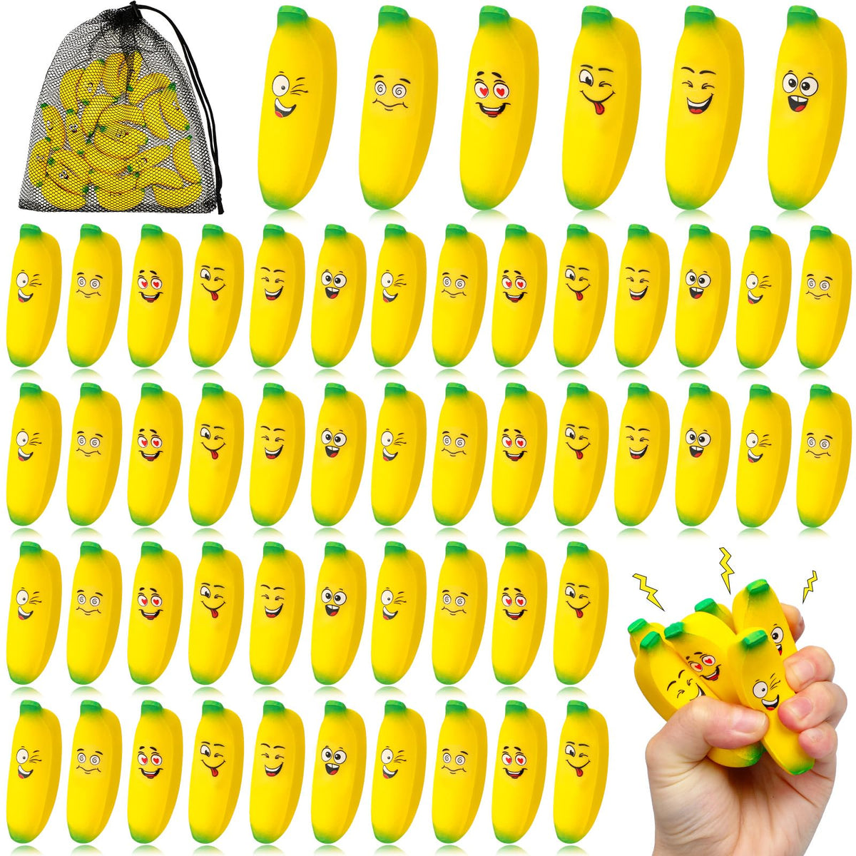 Woanger banana stretchy fidget toy with six expressions for focus and stress relief.