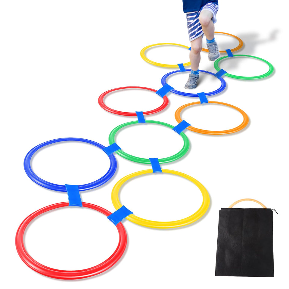 Woanger hopscotch hoops arranged for outdoor play promote coordination and family activity