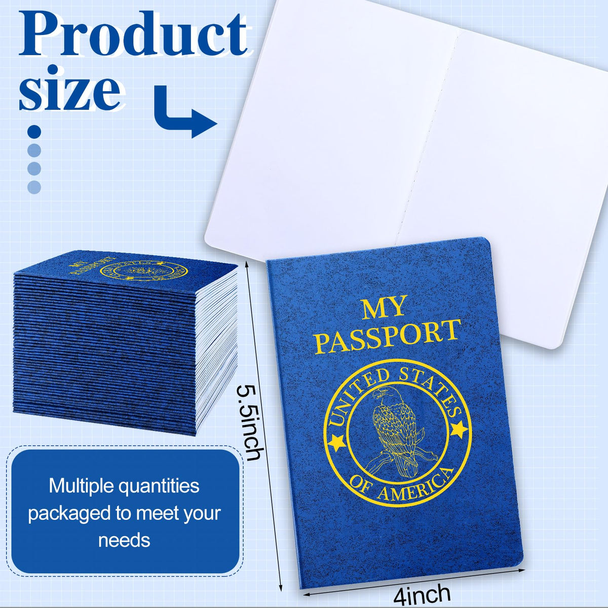 Woanger passport book with blue cover front, kids can create travel scrapbooks with photos and stickers.