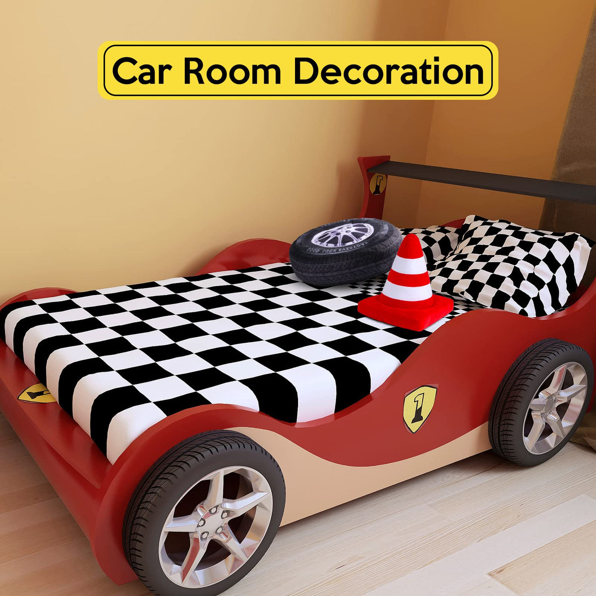 Woanger race car room decor set adds themed charm to a bedroom or study.