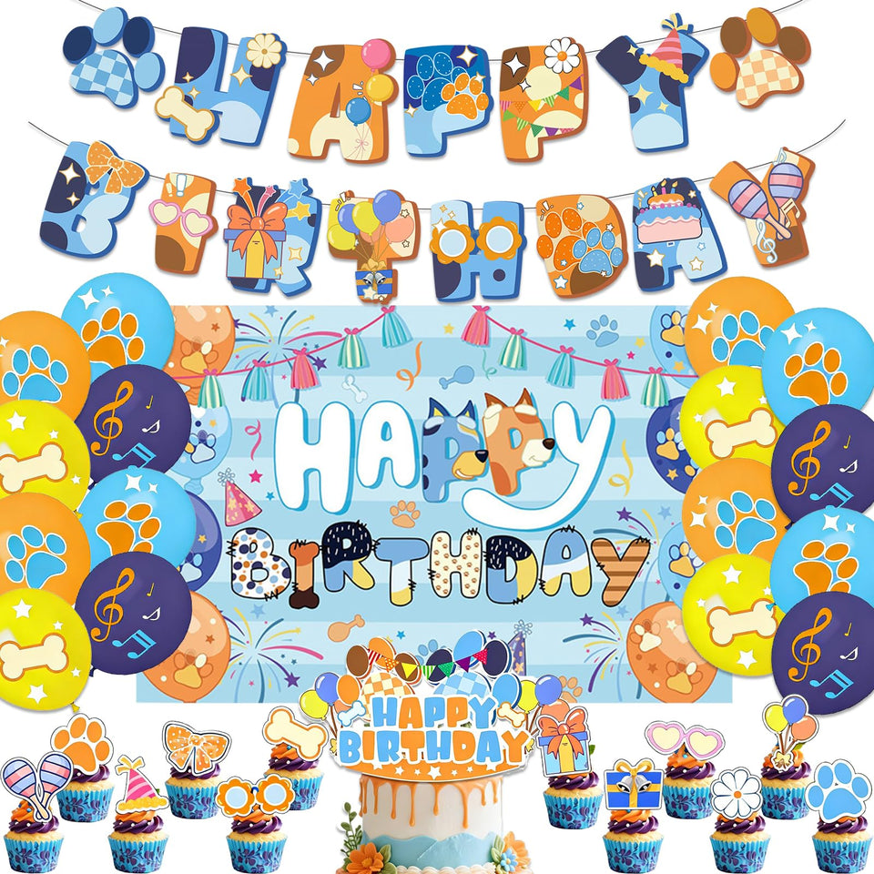 Woansju Blue Dogs banner creates a bright birthday backdrop for celebrations