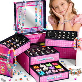 WOANZZ storage box with mirror and drawers keeps beads organized for easy crafting.