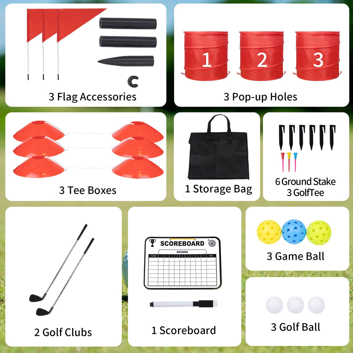 WodGod backyard golf set components laid out before play