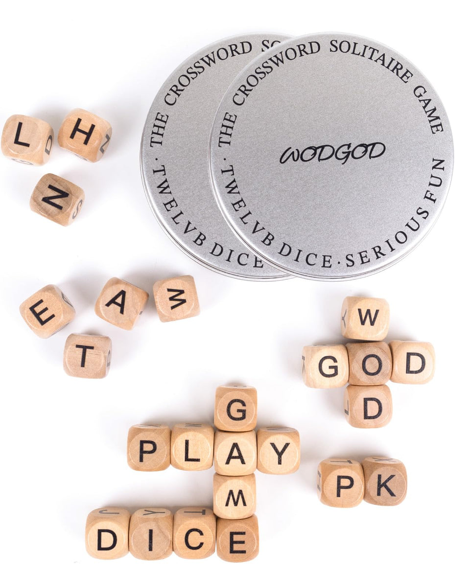 WodGod Crossword Dice Set with wooden dice for family word challenges.