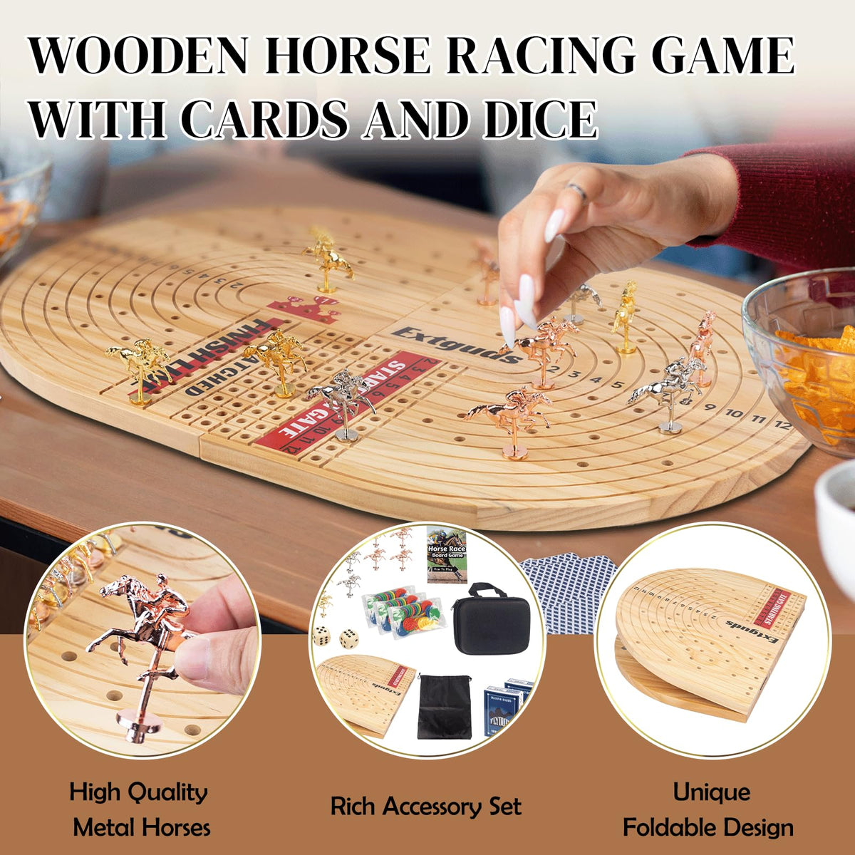 WodGod wood horse race board includes 96 chips for engaging wagers and track progress