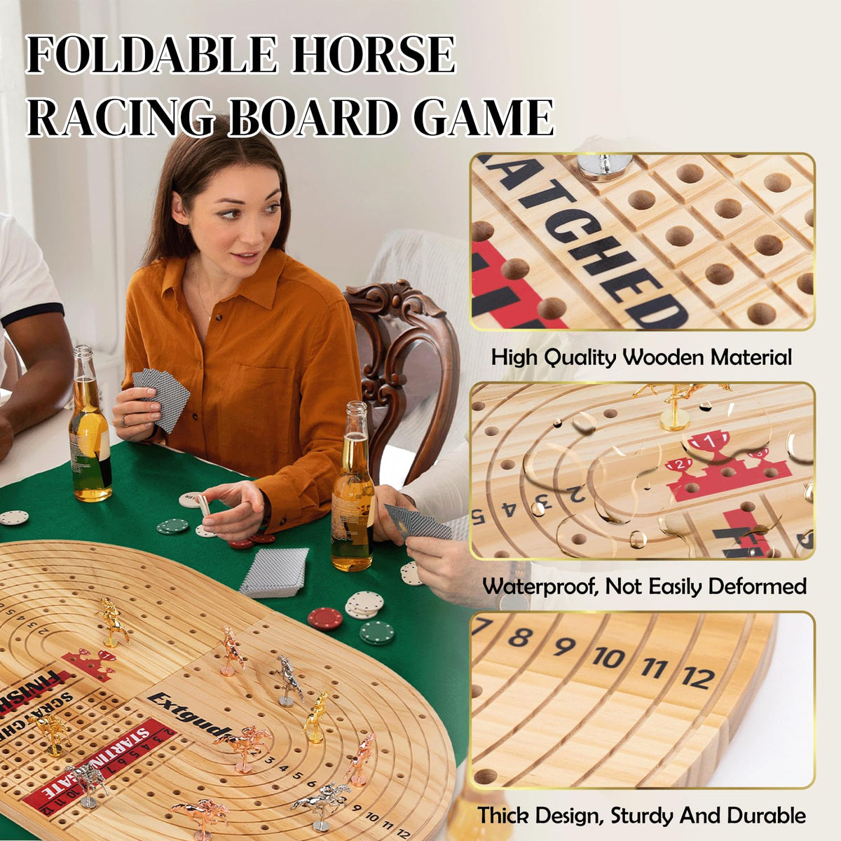 WodGod wood horse race board with dice and cards for quick start gameplay