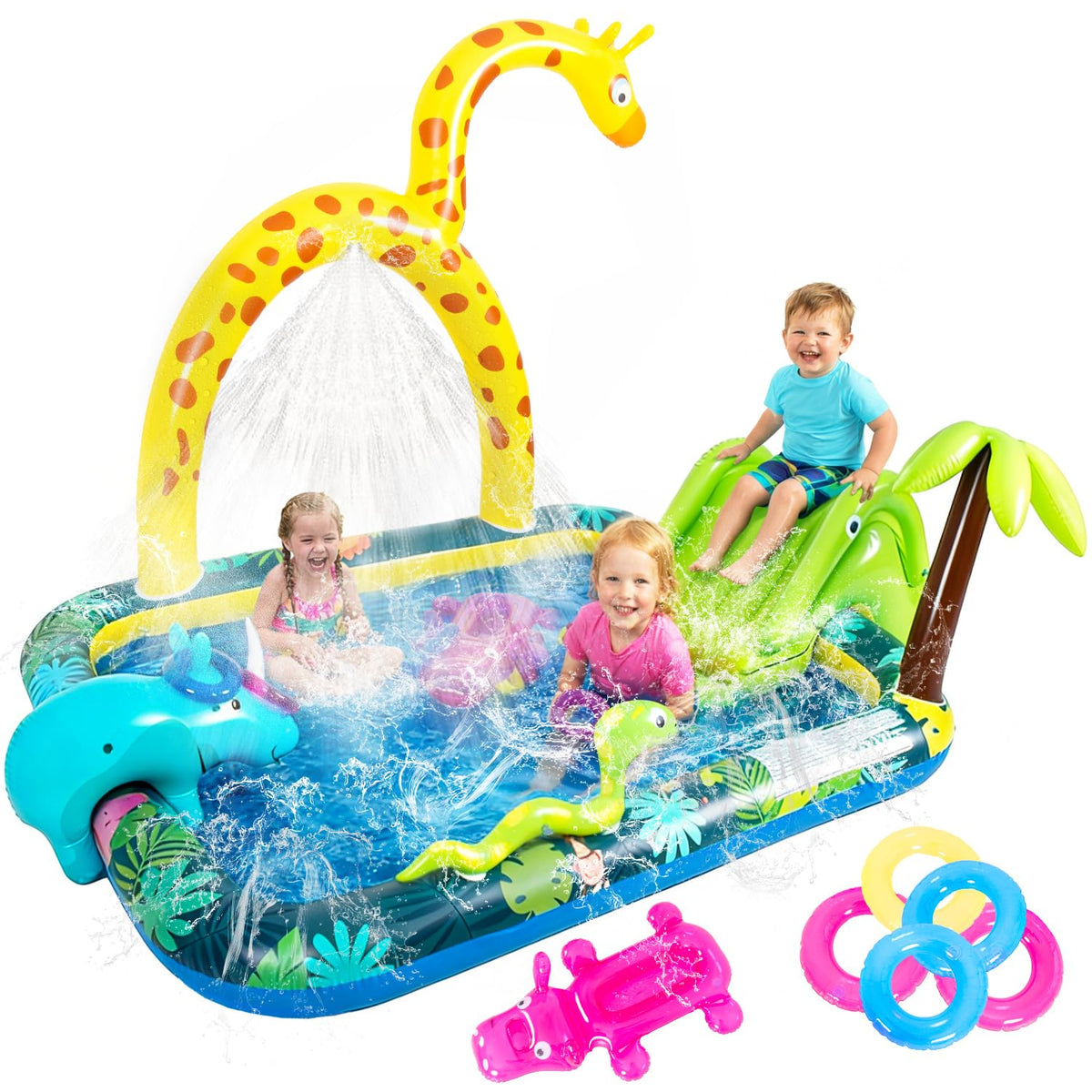 WODMAZ inflatable jungle animal play center pool offers safe outdoor water fun.