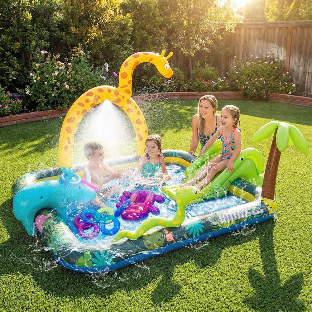WODMAZ inflatable jungle play center slide sprayer adds refreshing mist for hot days.