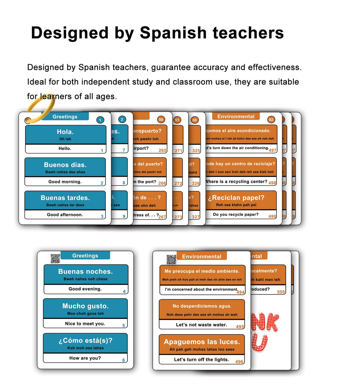 Woifish Spanish Phrases Flash Cards desk use, ideal for classroom or homeschool sessions.