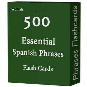 Woifish Spanish Phrases Flash Cards pack front, durable travel-ready learning kit.