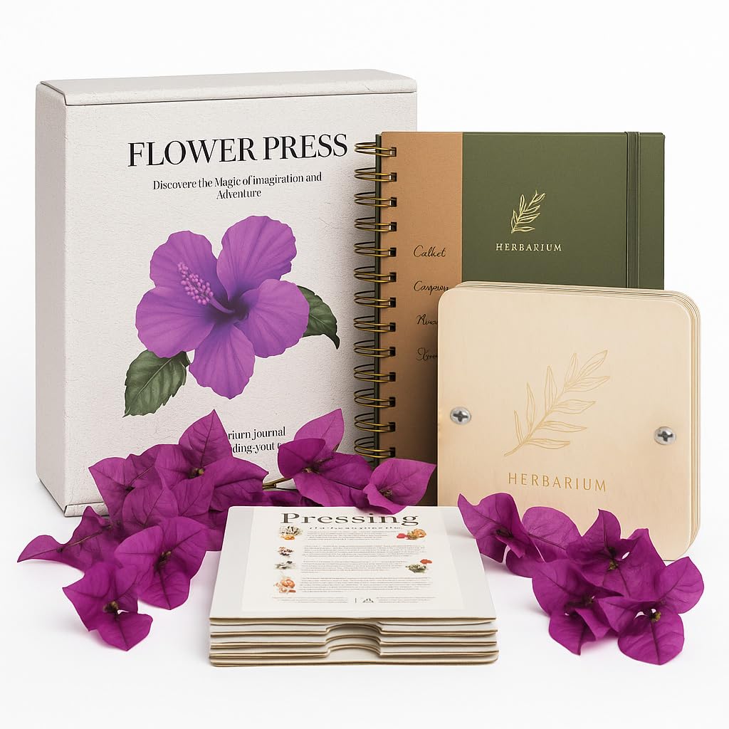 WOKK Flower Press kit with forest-green engraving, ready for nature lovers.