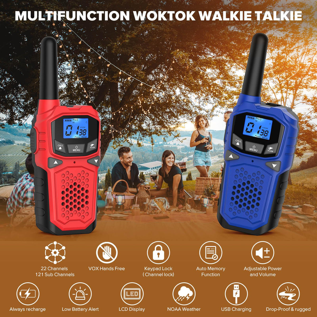 WokTok USB charging option keeps devices powered without frequent battery buys.
