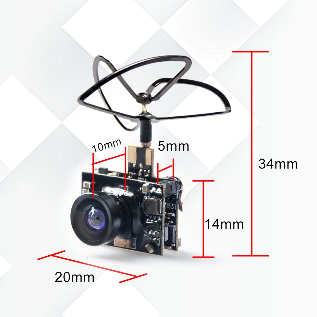 Wolfwhoop WT03 camera side view highlighting compact micro size for lightweight drones