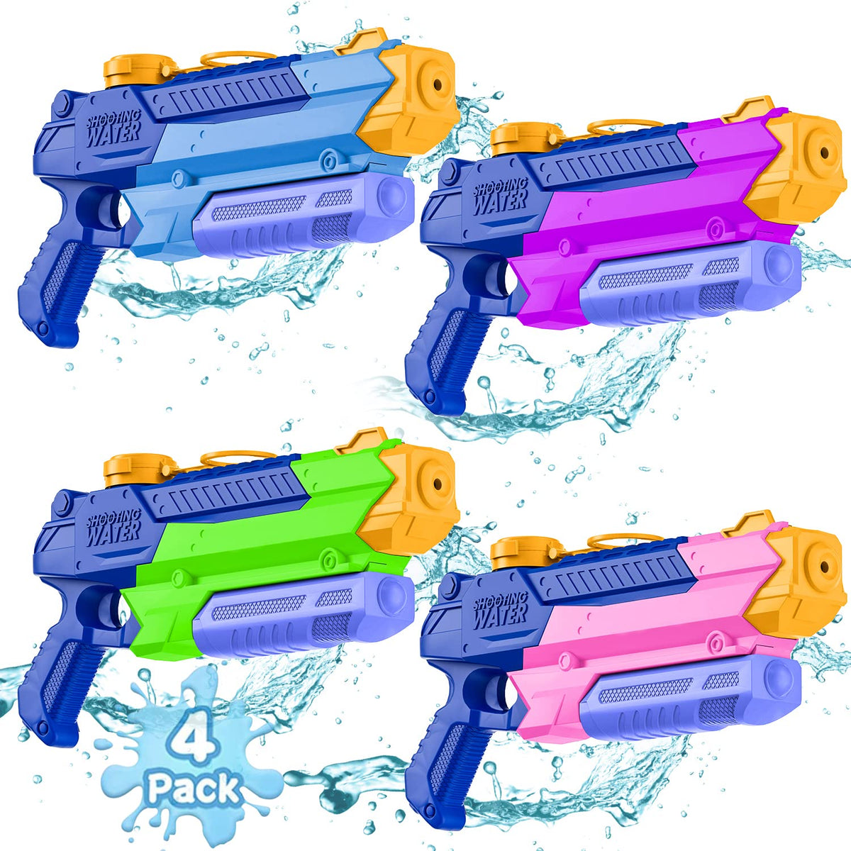 WOLKEK water guns 4-pack, 400cc capacity, for family pool fun.
