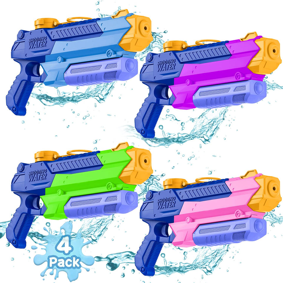 WOLKEK water guns 4-pack, 400cc capacity, for family pool fun.