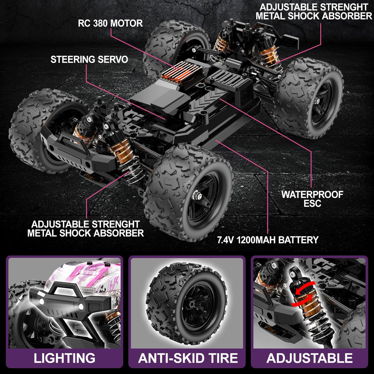 Womaqu pink RC car on rough terrain showing off-road capability
