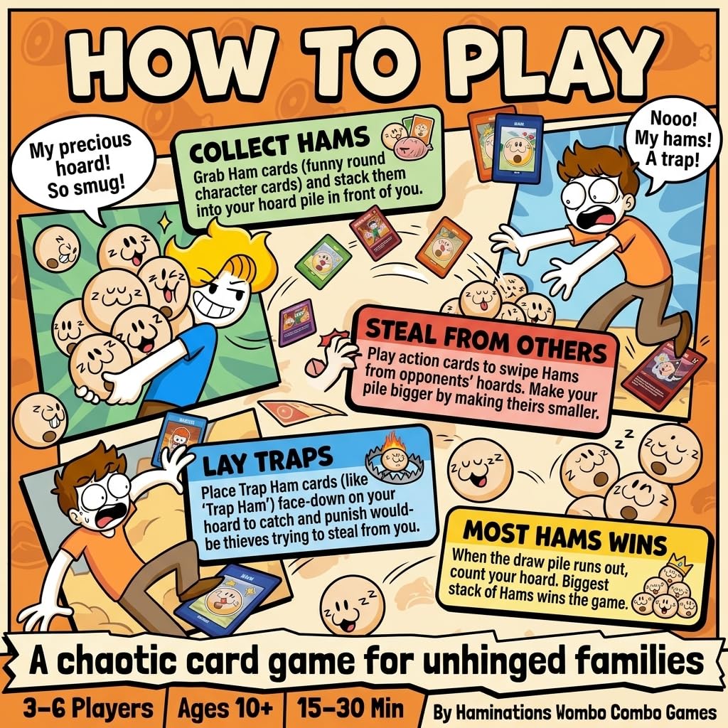 Wombo Combo Games Hoard the Hams steal and trap cards—add strategic twists to rounds