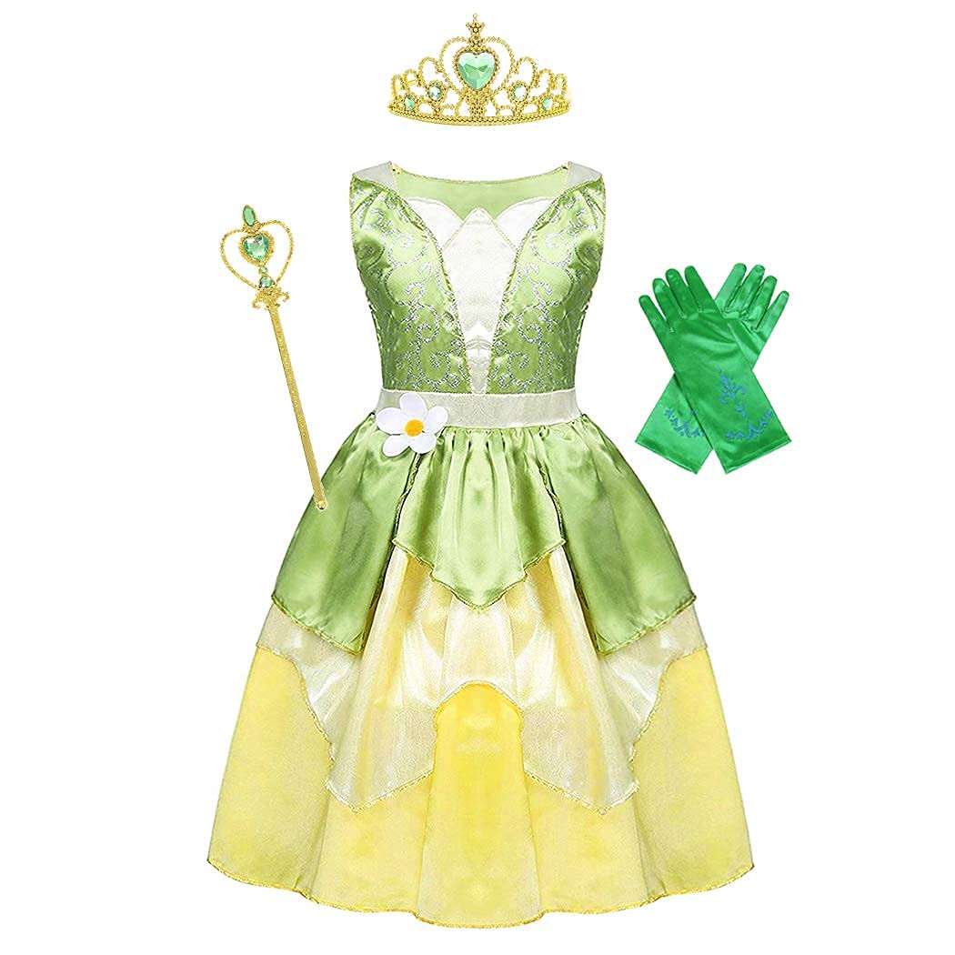 WonderBabe princess dress front view shows satin fabric and sparkling floral print