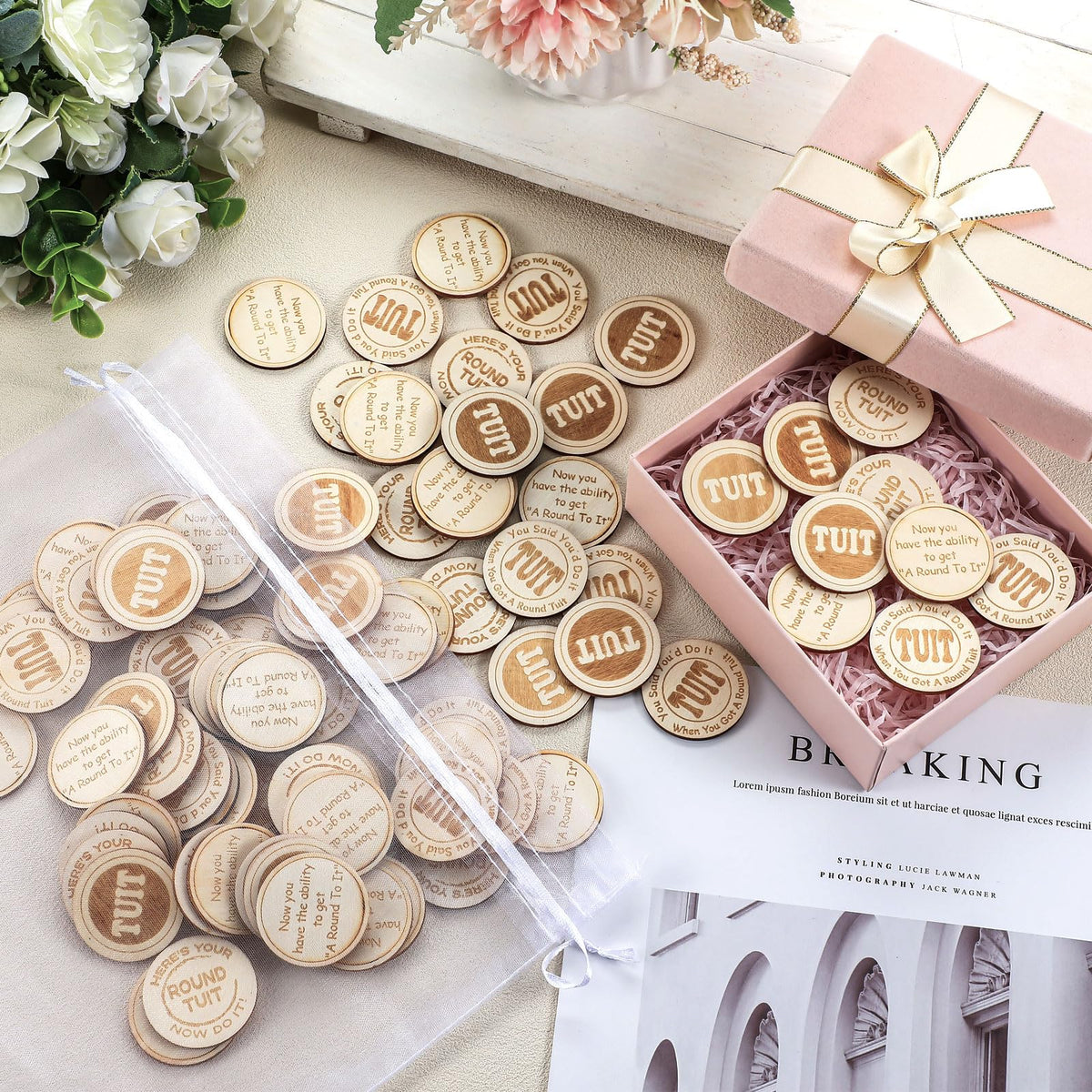 Wonderjune polished wooden coin close-up highlighting grain and finish.
