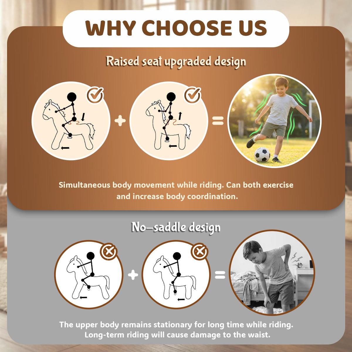 WondeRides ride-on horse foot pedal and handlebar enable easy steering for kids.