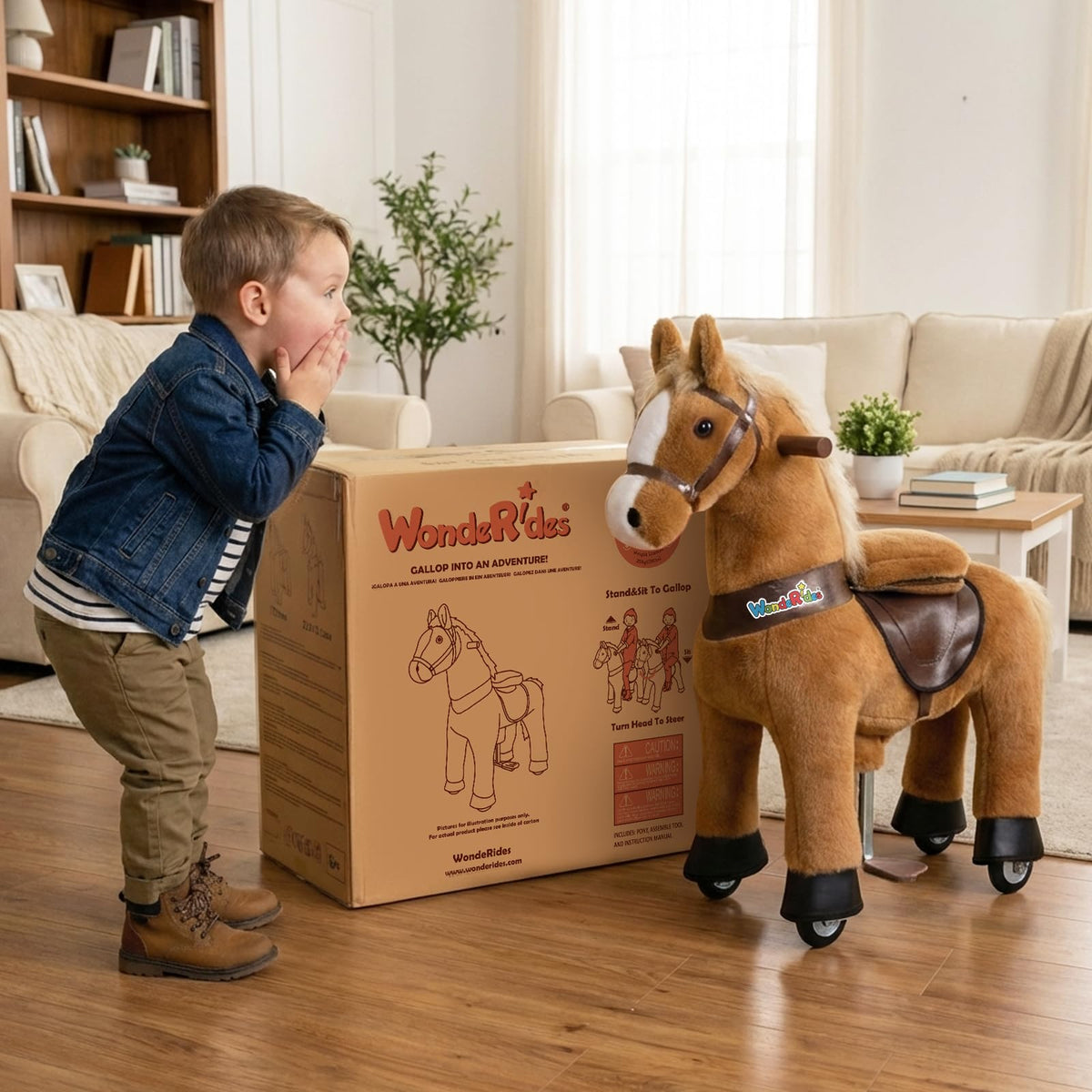 WondeRides ride-on horse gift-ready styling suitable for birthdays and holidays.