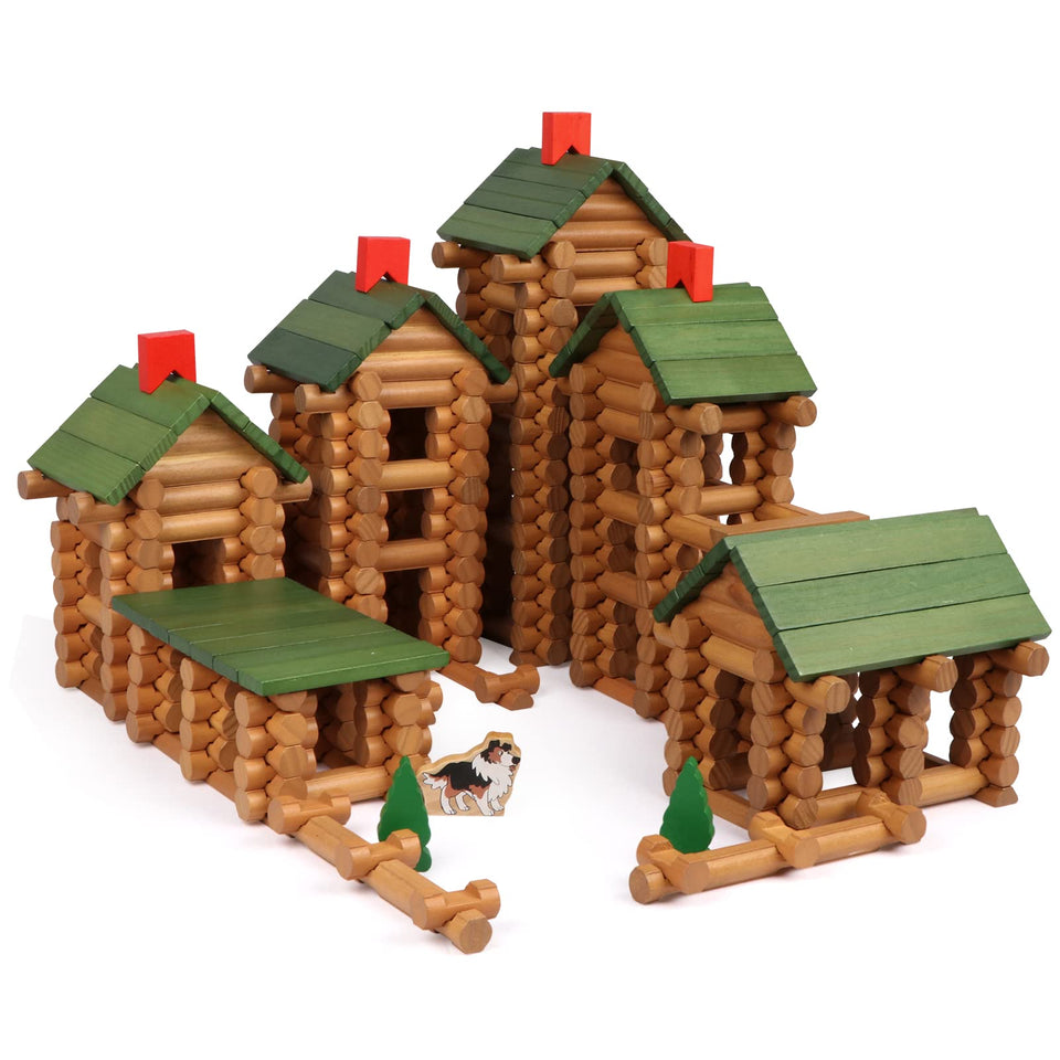 Wondertoys 530-piece wooden logs set pieces for collaborative building fun.