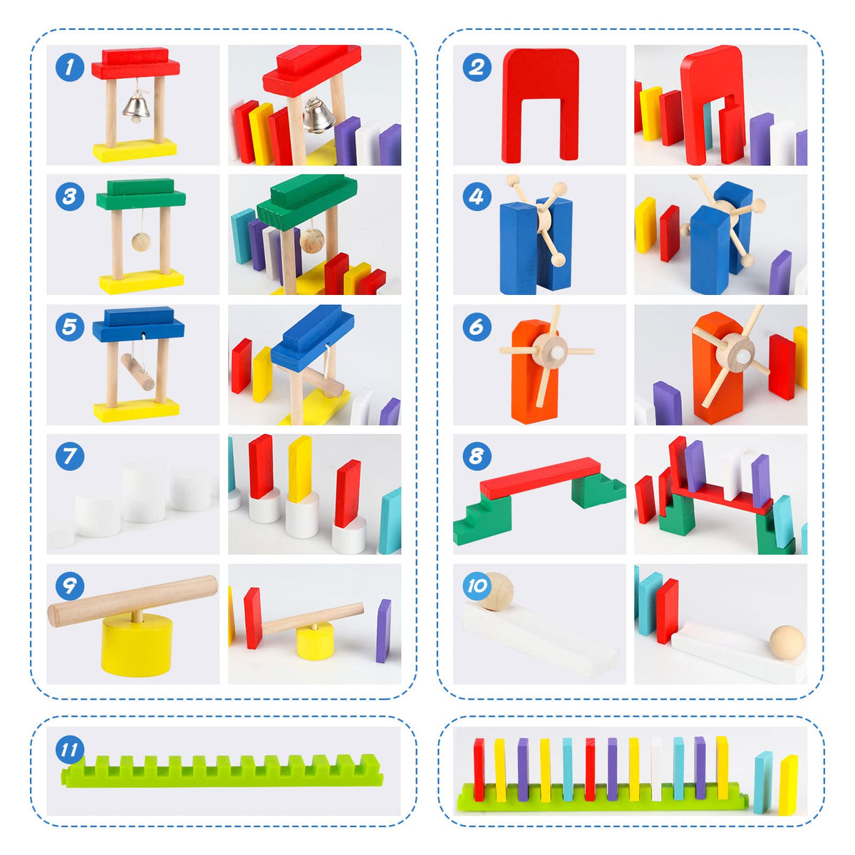 Wondertoys colorful dominoes promote color recognition during stacking.