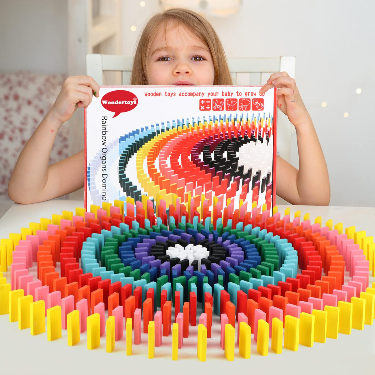 Wondertoys durable wooden dominoes designed for long-term family fun.