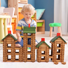 Wondertoys wooden logs connectors indentations enable simple, secure stacking.