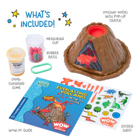 Wondery Kids Wow Volcano vinegar-baking-soda eruption setup for at-home experiments