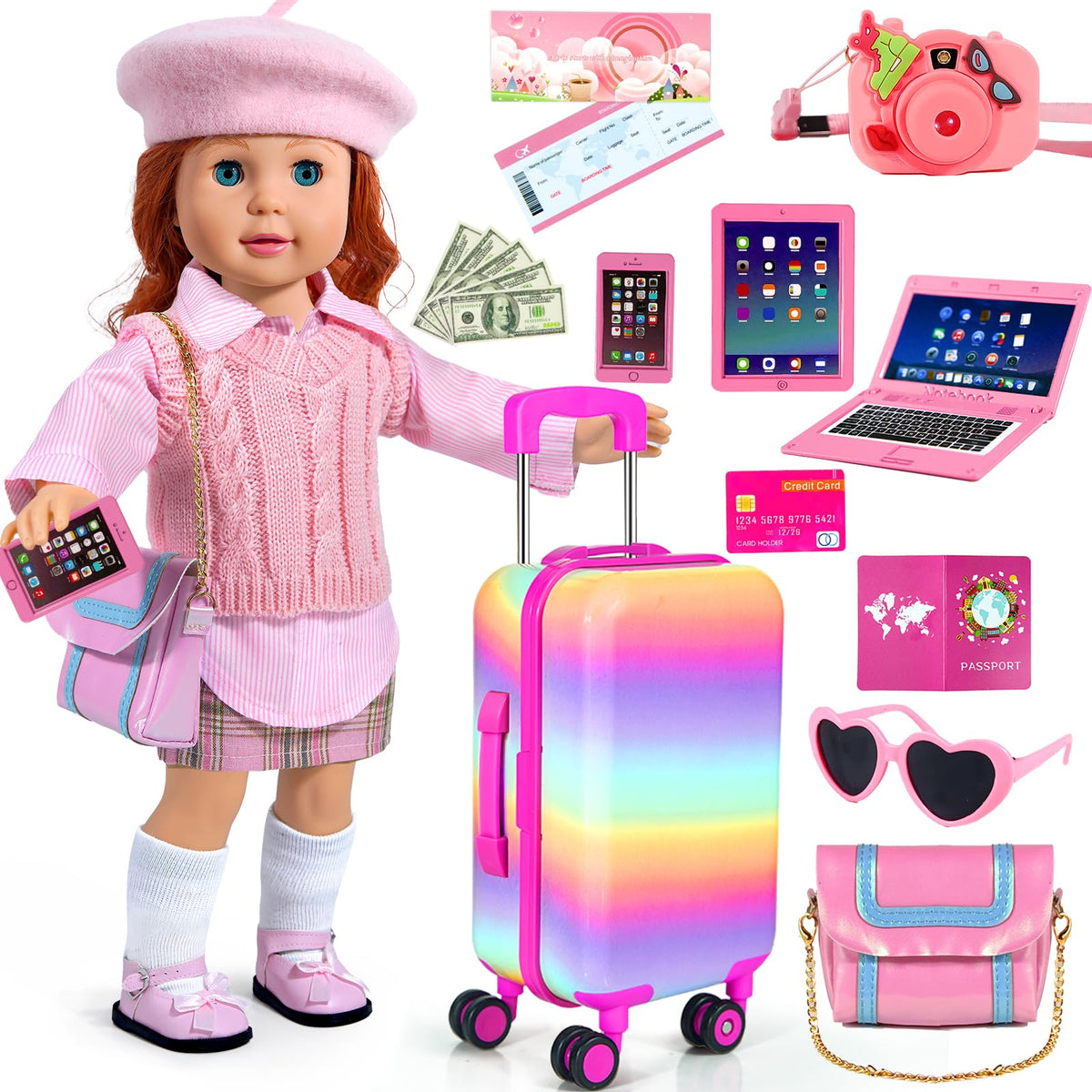 WONDOLL 18-inch travel suitcase with wheels for organized pretend packing.