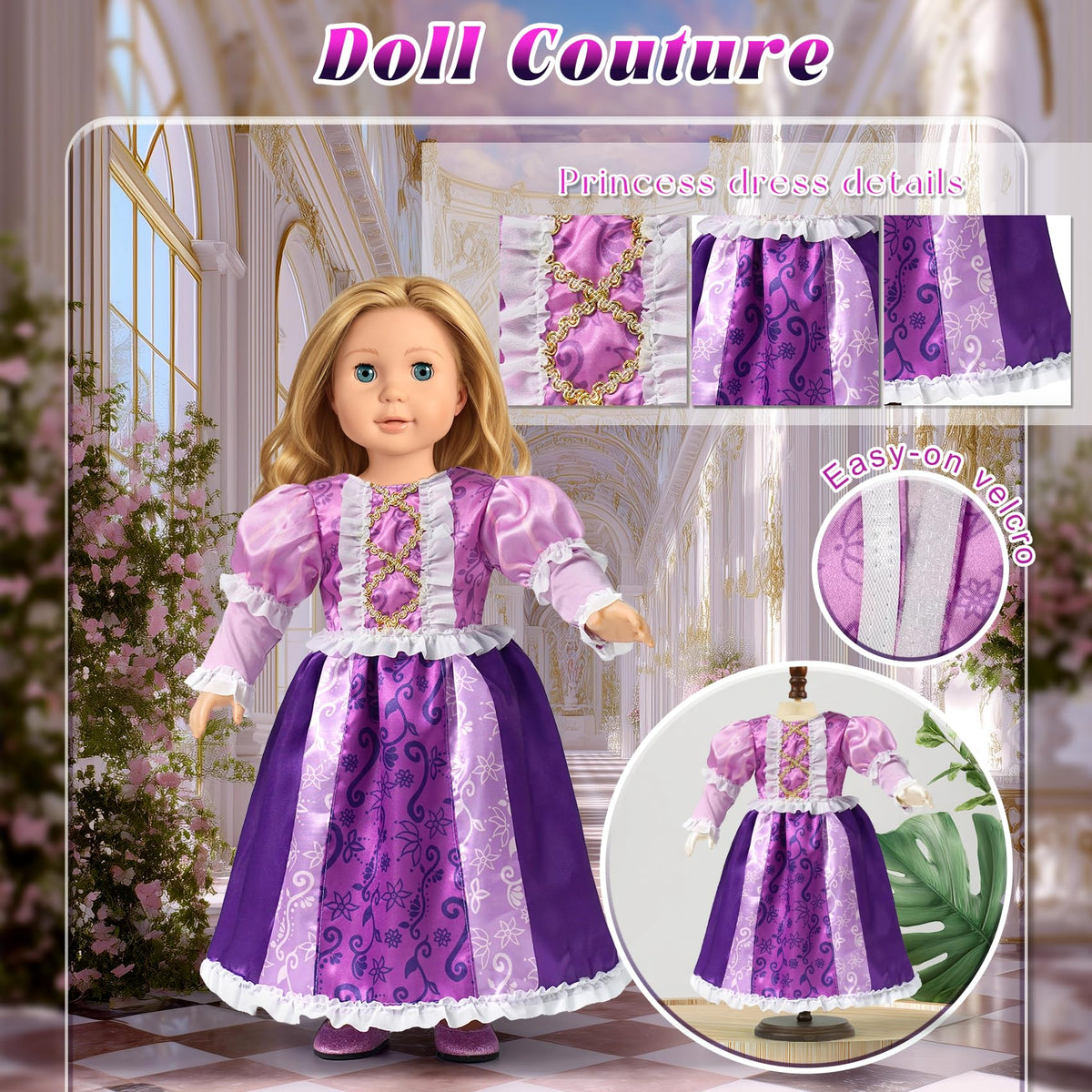 WONDOLL 18-inch Rose dress with sparkly accents and durability.