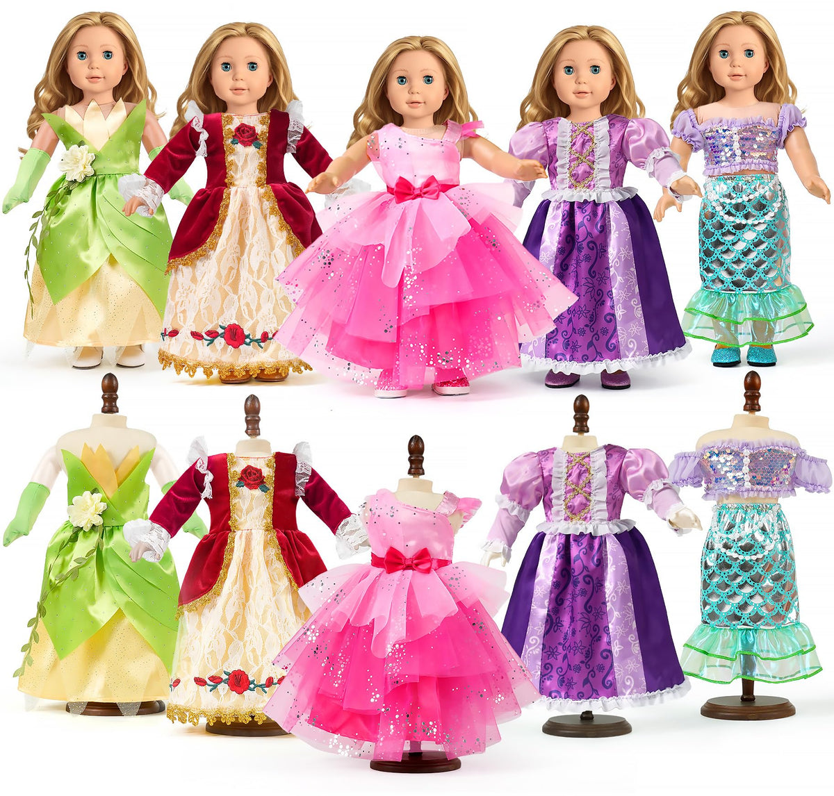 WONDOLL 18-inch Tiana dress with detailed stitching for imaginative play.