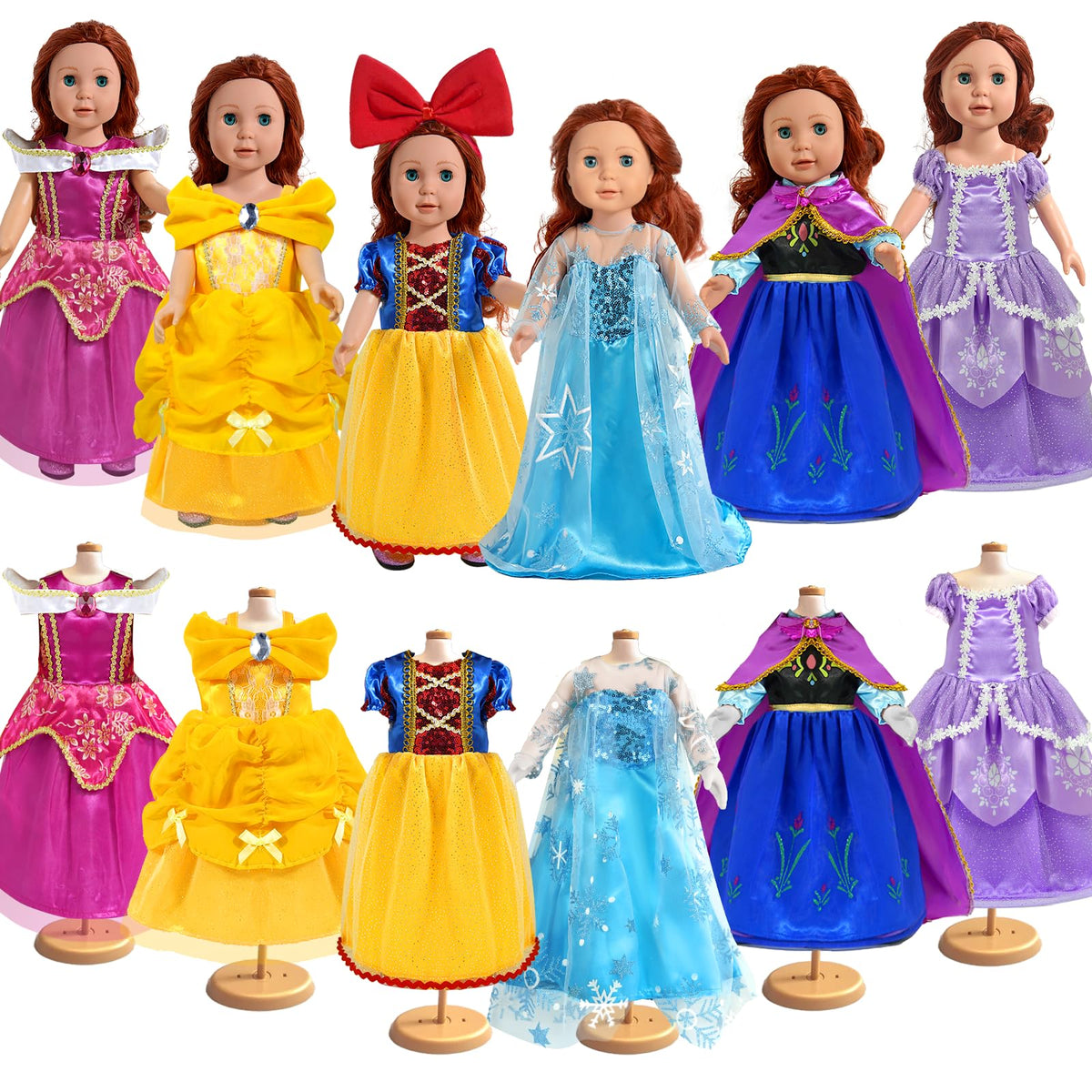 WONDOLL six-princess-dresses set for 18-inch dolls, perfect for imaginative play.