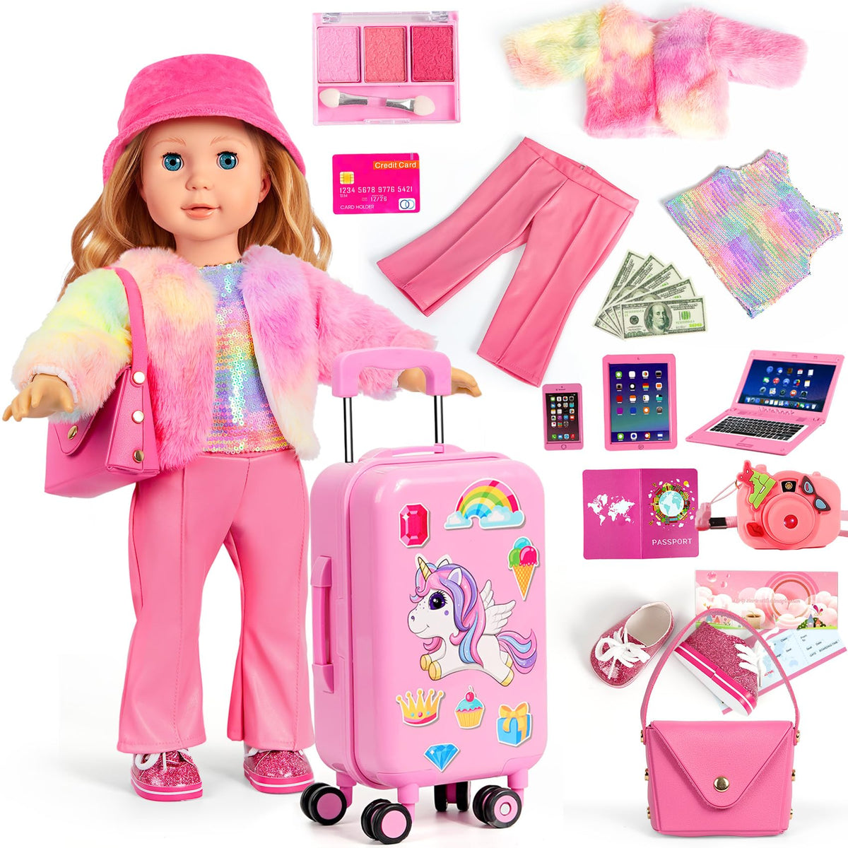 WONDOLL American 18in doll travel suitcase with durable wheels for easy play and storage.