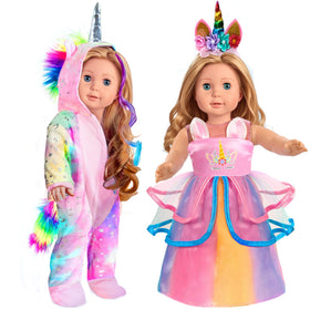 WONDOLL rainbow unicorn pajamas for 18-inch dolls, cozy and ready to wear.