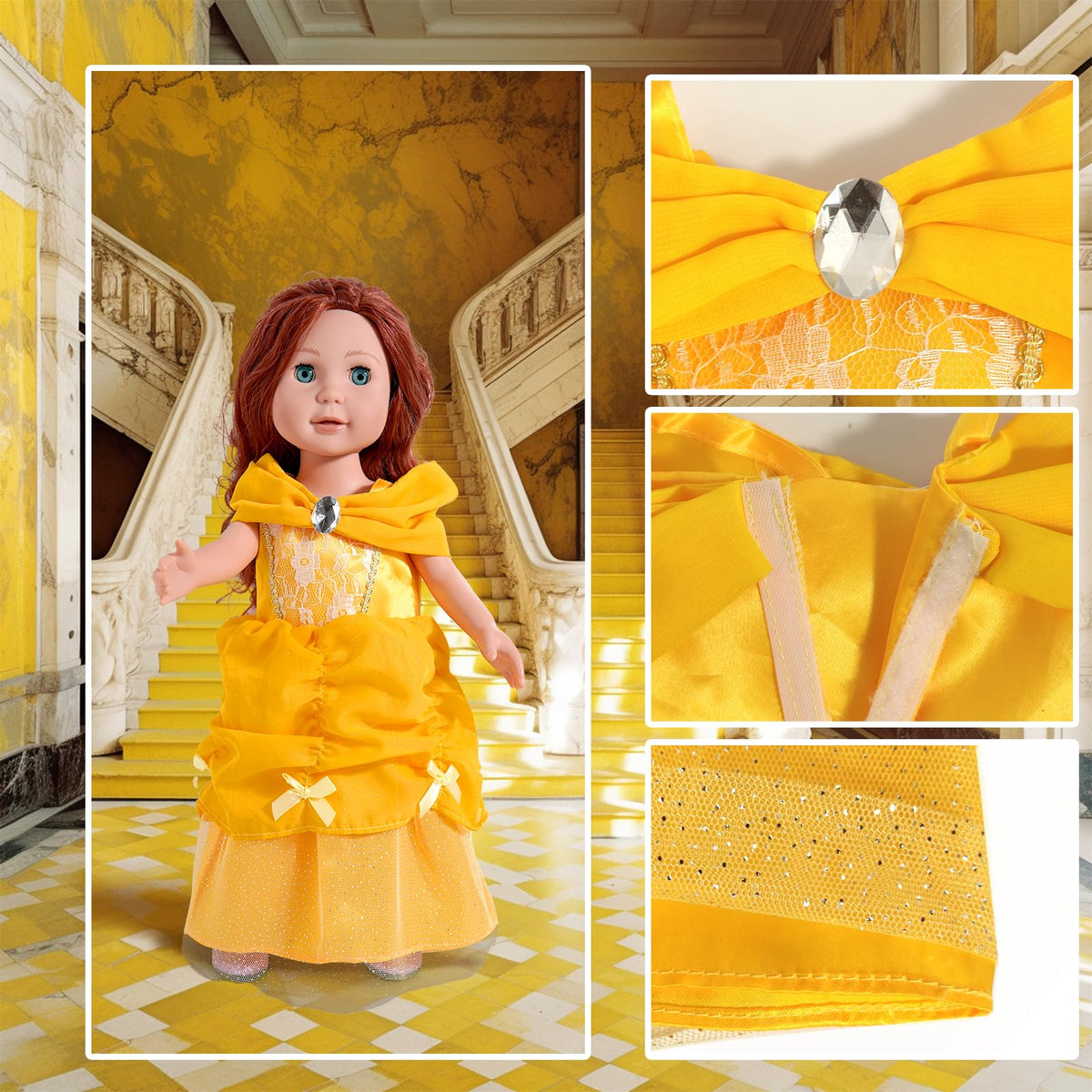 Intricate dress embellishments and tiaras highlight premium quality.