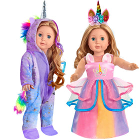 WONDOLL rainbow unicorn pajamas with wings for 18 inch dolls, soft and cozy