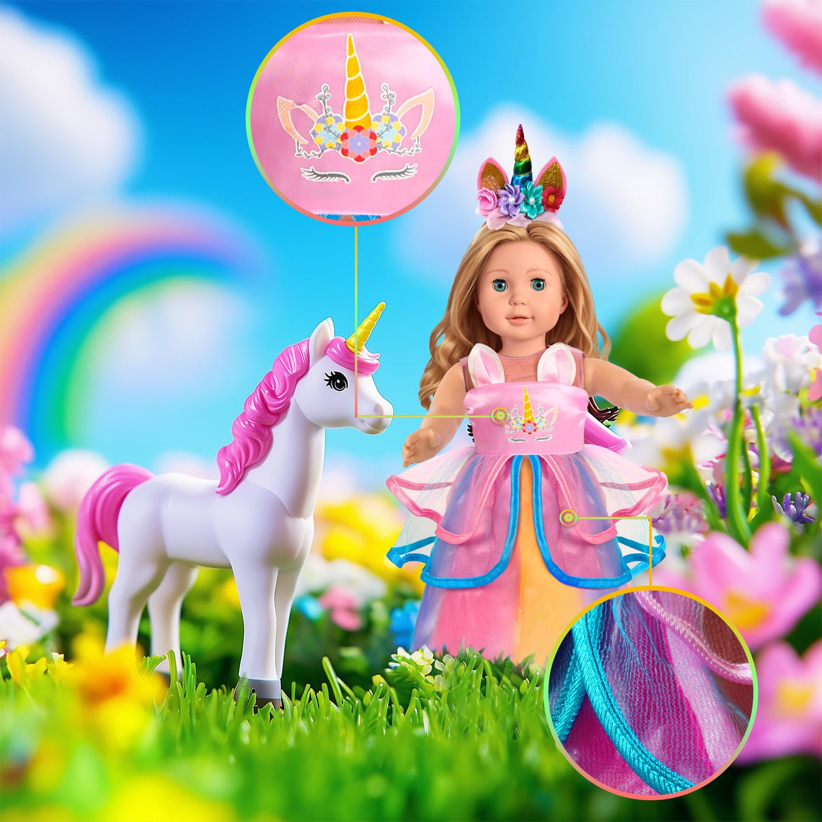 WONDOLL unicorn rainbow tulle skirt creates a playful layered look.