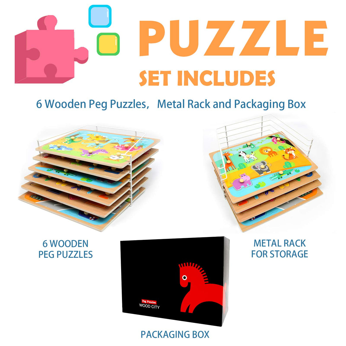 WOOD CITY alphabet and numbers shapes puzzle set supports early literacy and math readiness.