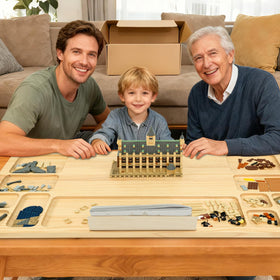 WOOD CITY baseplate table supports family-friendly group play and learning.