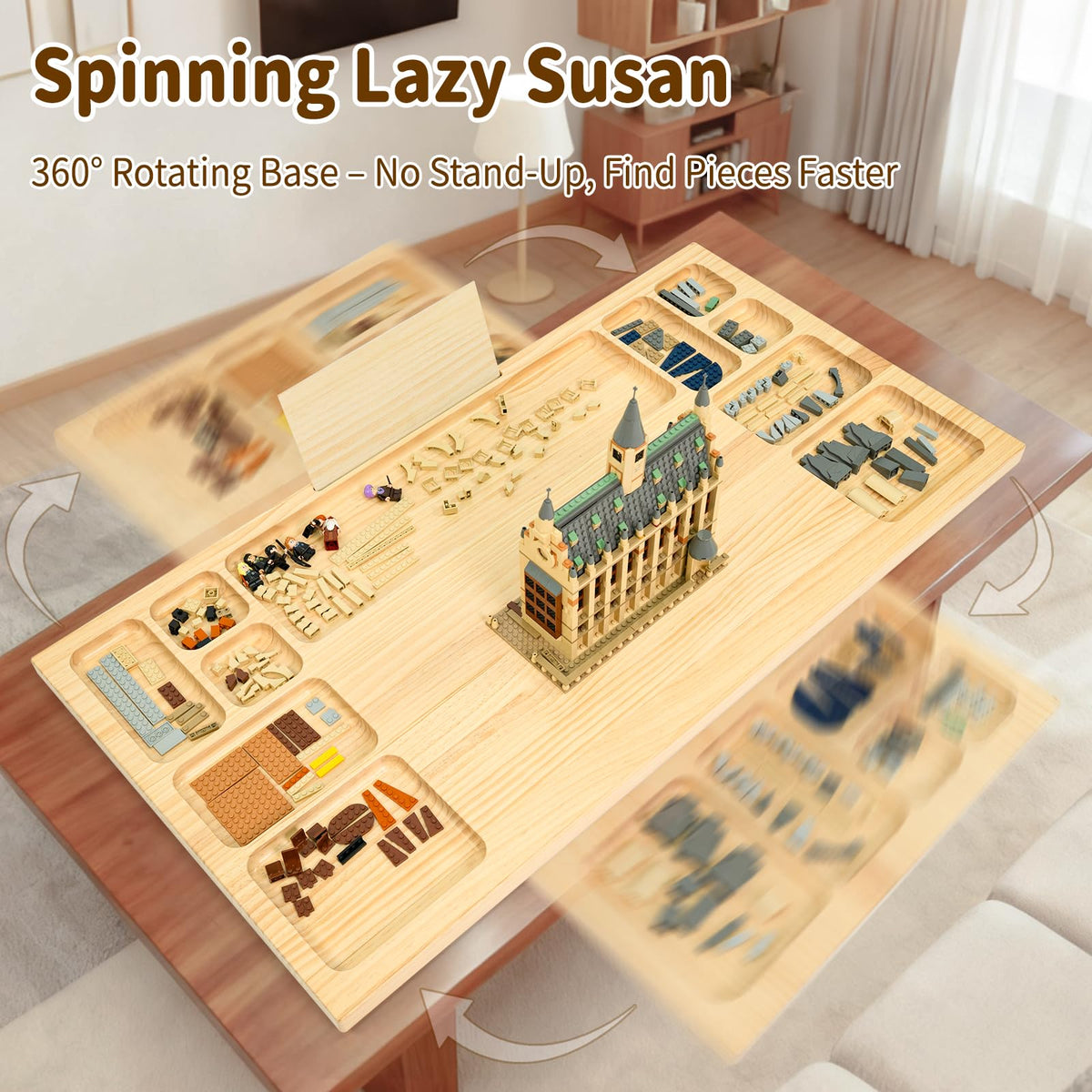 WOOD CITY baseplate table storage shelf holds manuals and devices at hand.