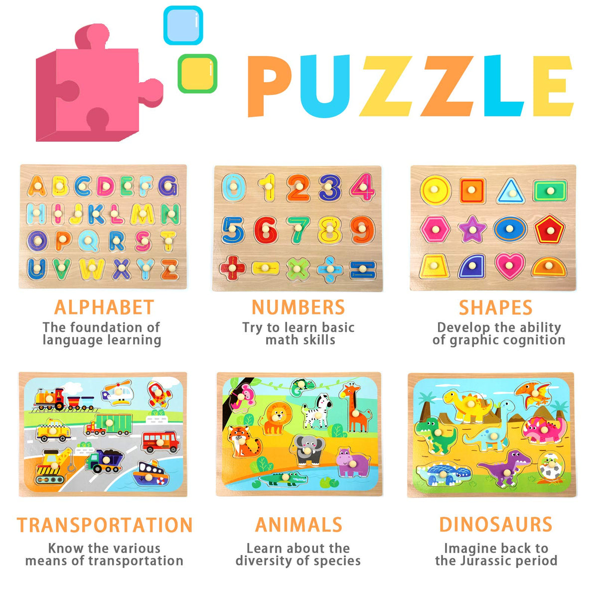 WOOD CITY peg puzzle with dinosaurs theme improves fine motor skills and color learning.