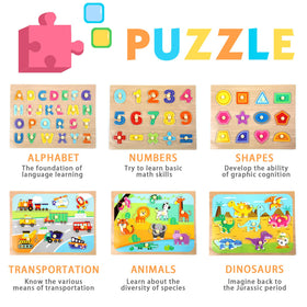 WOOD CITY peg puzzle with dinosaurs theme improves fine motor skills and color learning.