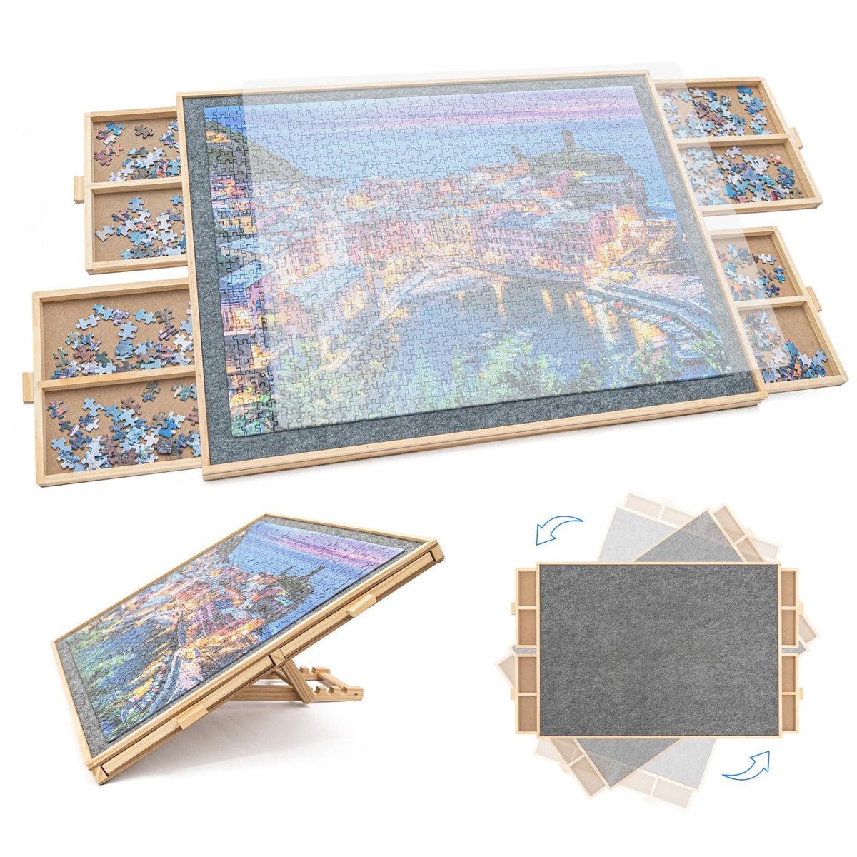 WOOD CITY Puzzle Board with cover protecting puzzle pieces during breaks